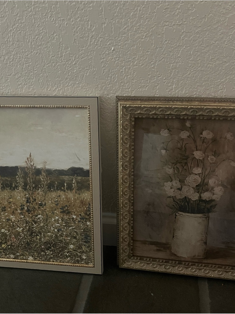 Framed Floral and Field Art Pair in Gold-Toned Frames